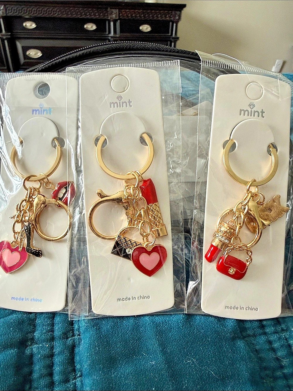 mint Keychain & Key Ring Charm Assortment - 9 charms and 2 clear reusable bag
